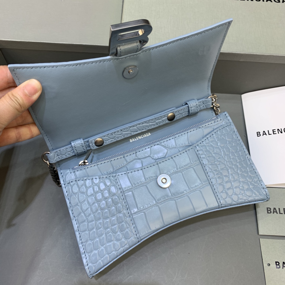 Balenciaga Small Hourglass Wallet With Chain Crocodile Embossed Shoulder Bag Light Blue